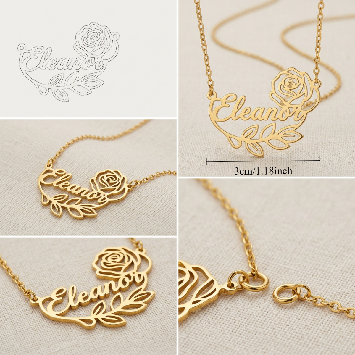 Custom Rose Branch Name Necklace — 18K Gold-Plated Gift